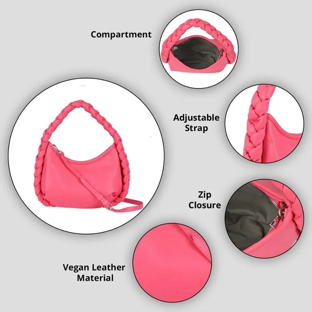 New‎ Braided Handle Vegan Leather Hobo Bag in Bubblegum Pink